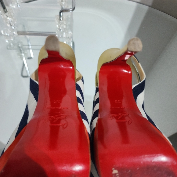 Christian Louboutin Lady Peep Sling 150 Toile Rayee Stripe Pumps Heels Size 35 - Picture 8 of 12